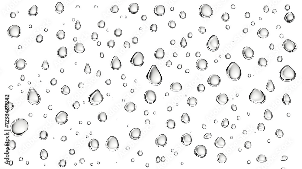 Poster and abstract background with transparent water droplets on a glass surface  The water droplets create a minimalist nature inspired design with reflections light and delicate shapes