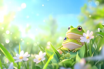 Fototapeta premium Cute cartoon vector-style illustration of two frogs sitting on top of each other in the grass, surrounded by flowers and greenery, with vibrant summer sunshine