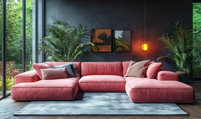 Obraz premium Cozy Minimalist Living Room Interior with Plush Pink Sectional Sofa Dark Wood Furniture and Greenery