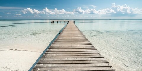 Obraz premium Wooden pier extending into a tranquil, shallow ocean under a vibrant blue sky with fluffy clouds