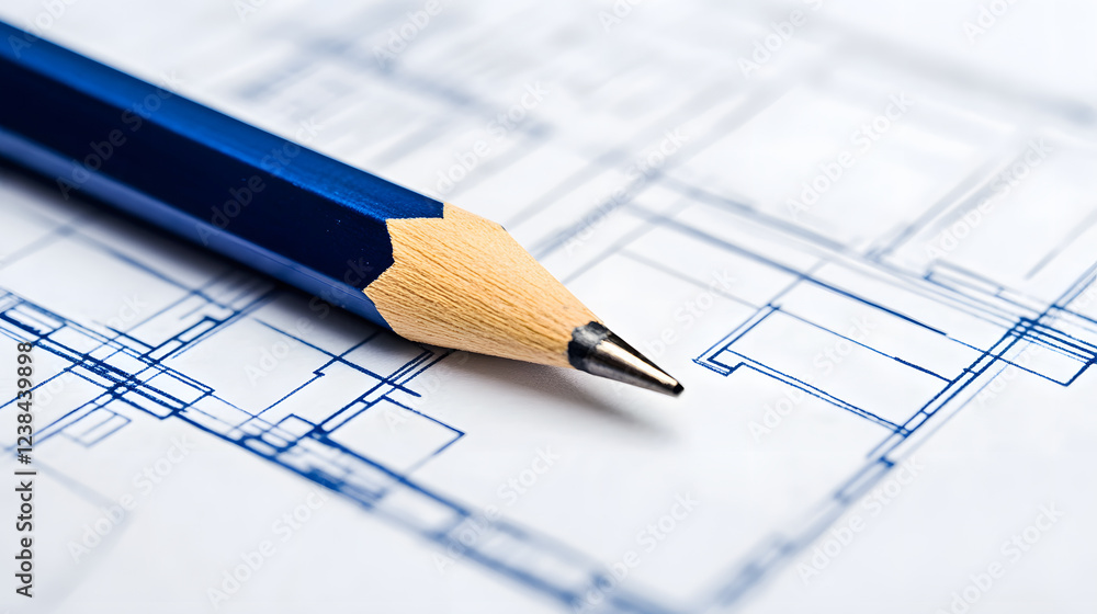 Poster A close-up view of a pencil resting on architectural blueprints, emphasizing precision in drafting and design