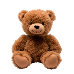 Fototapeta premium A fluffy brown teddy bear with soft fur, sitting upright on a white background. Transparent background