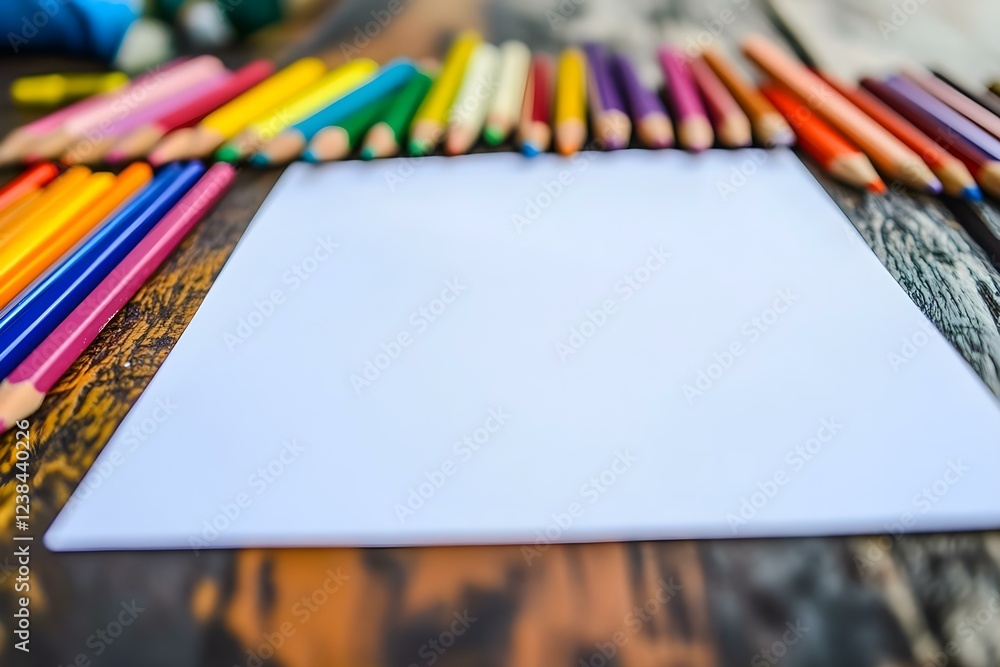 Poster a blank sheet of paper with a variety of colorful pencils arranged around it. concept artistic setup
