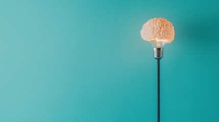 Illuminated brain lightbulb idea concept, blue background