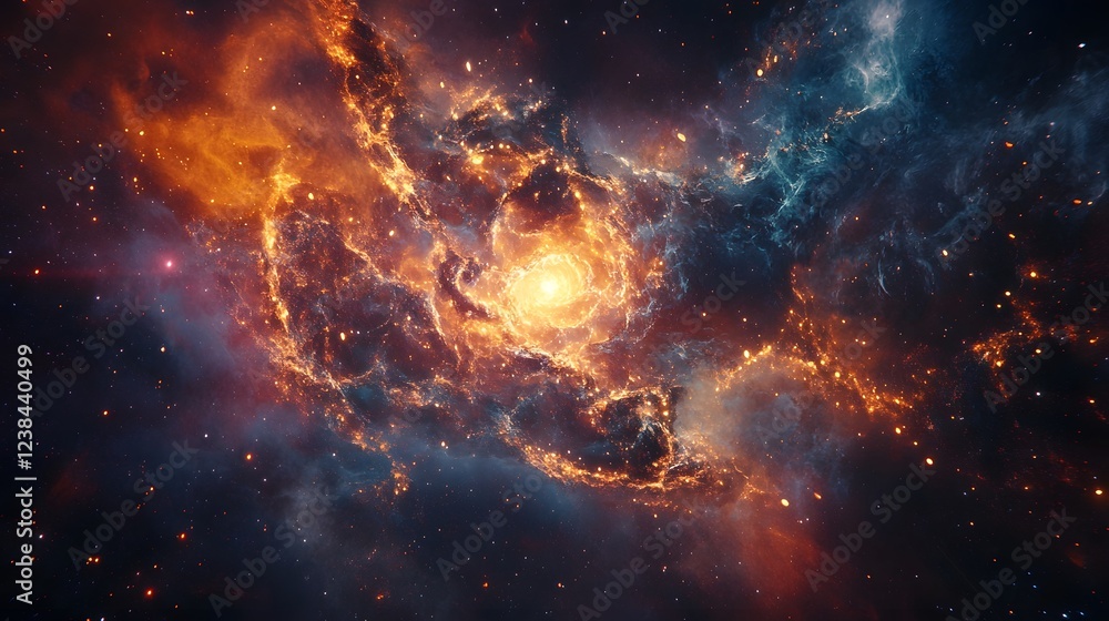Aufkleber Breathtaking image of a massive fiery cosmic explosion erupting within a vibrant swirling nebula galaxy  Intense colors dynamic energy and a powerful chaotic celestial scene