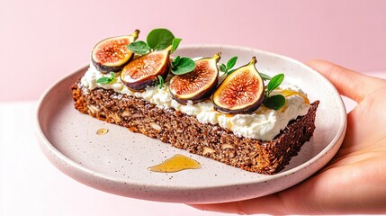   A white plate displays a cake smothered in whipped cream and adorned with sliced figs on top