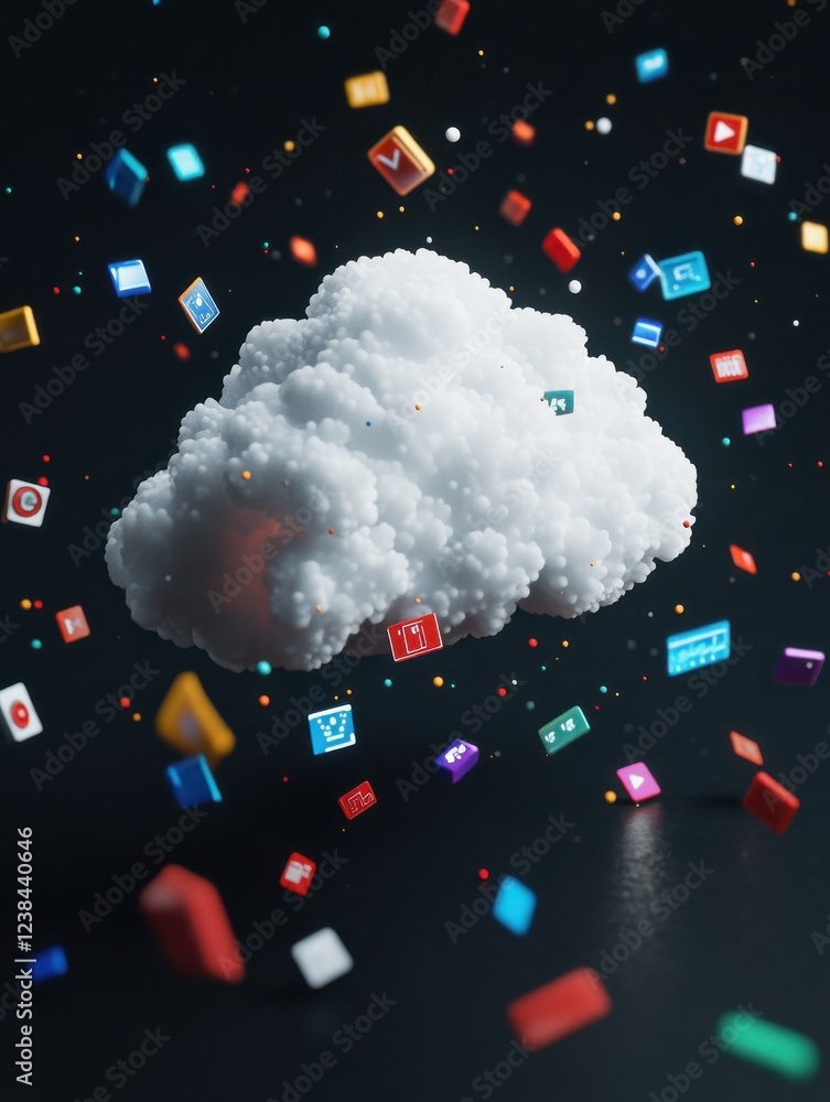 Poster big data and cloud storage concept with digital cloud icon surrounded by technological social symbol