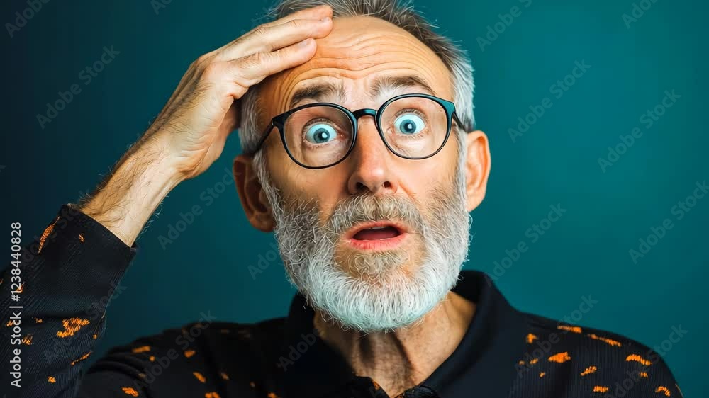 Poster man with glasses and a beard is looking up at the camera with a surprised expression. he is wearing 