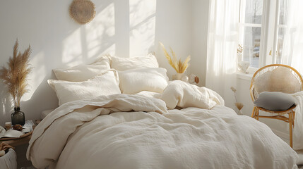 A cozy, sunlit bedroom featuring a plush bed with soft pillows and a woven chair, creating a serene and inviting atmosphere