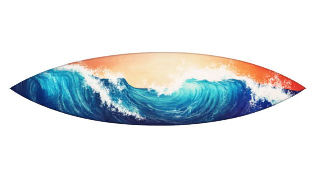 Surfboard showing ocean waves breaking at sunset with transparent background
