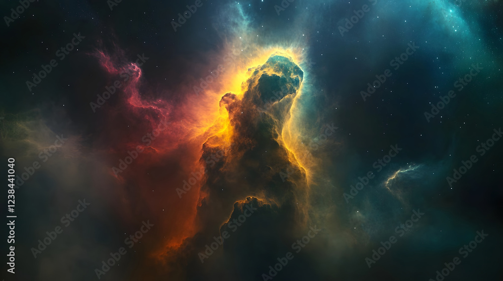 Poster Captivating and dynamic image of a vibrant explosive cosmic nebula formation in swirling interstellar clouds of colorful gas and radiant energy