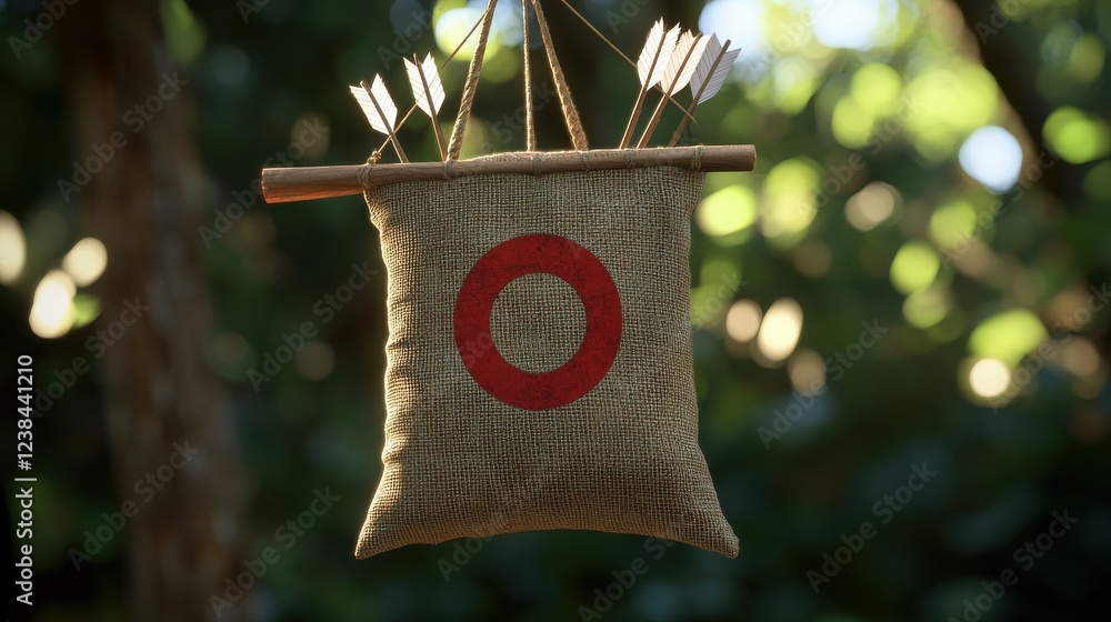 Aufkleber target your customers - three arrows hit in red target on a hanging sack on green bokeh background.