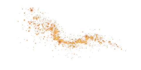 Golden sparks of dust and golden stars shine with special light. Christmas light effect. Golden sparkling particles of magic dust. PNG.