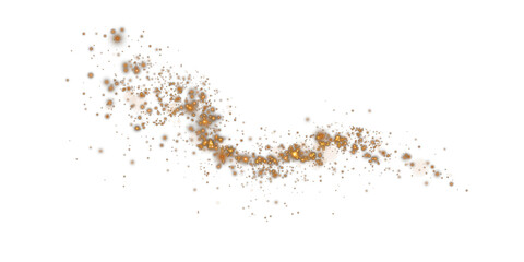 Golden sparks of dust and golden stars shine with special light. Christmas light effect. Golden sparkling particles of magic dust. PNG.