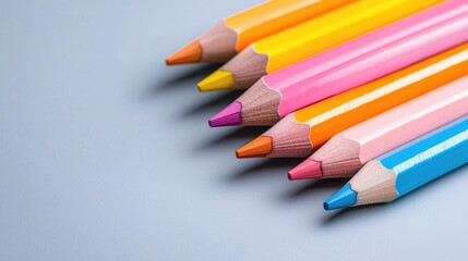 Obraz premium Colorful pencils arranged on a gray background, education concept