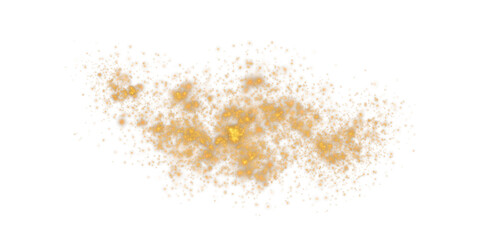 Golden sparks of dust and golden stars shine with special light. Christmas light effect. Golden sparkling particles of magic dust. PNG.