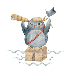 Watercolor composition penguin pirate stands on a chest and holds a spyglass. Marine illustration on white for shower design, bathroom, baby products, cosmetics, labels, poster, postcard, clothes