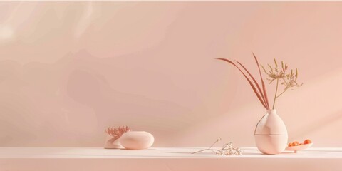 A chic minimalist setting with a soft apricot background, Smooth forms and fine textures, Modern minimalist style