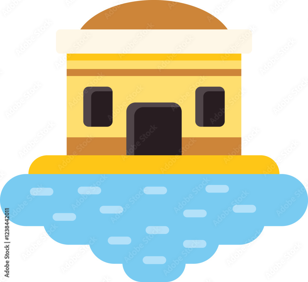 Poster minimalist vector illustration representing a floating house, evoking concepts of isolation, dreamli