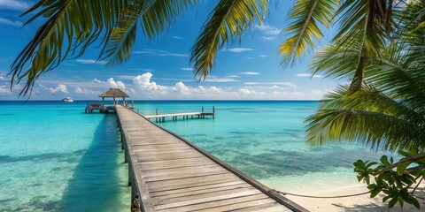 Serene tropical beach scene with wooden pier extending into turquoise water, offering a tranquil escape under sunny skies and swaying palm trees.