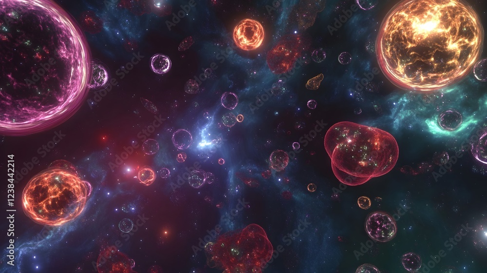 Poster captivating cosmic explosion vibrant celestial landscape of glowing planets stars and nebulae showca