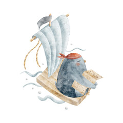 Penguin pirate on a board holds a treasure map. Watercolor sea illustration. Character isolated on white for design shower, bathroom, children's products, cosmetics, labels, poster, postcard, clothes