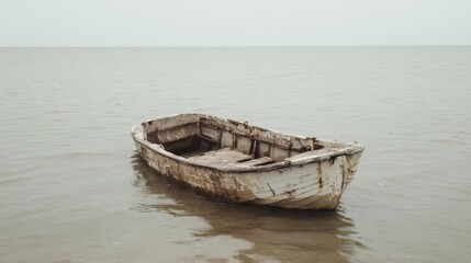 Fototapeta premium Abandoned weathered boat floats on calm sea, overcast sky; solitude, travel, website background