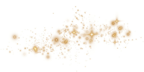 Golden sparks of dust and golden stars shine with special light. Christmas light effect. Golden sparkling particles of magic dust. PNG.