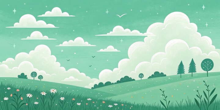 Peaceful pastoral scene with rolling hills, wildflowers, and a dreamy sky filled with fluffy clouds and stars.