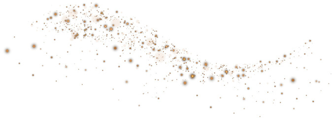 Golden sparks of dust and golden stars shine with special light. Christmas light effect. Golden sparkling particles of magic dust. PNG.