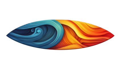 Surfboard decorated with colorful wavy pattern on transparent background