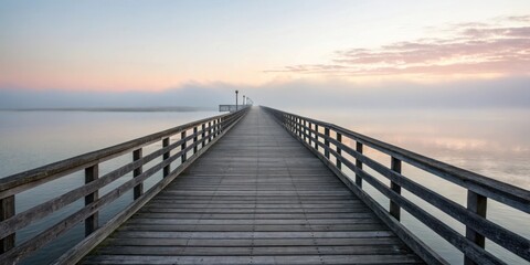 Serene Dawn A Misty Wooden Pier Extending into a Calm Body of Water at Sunrise
