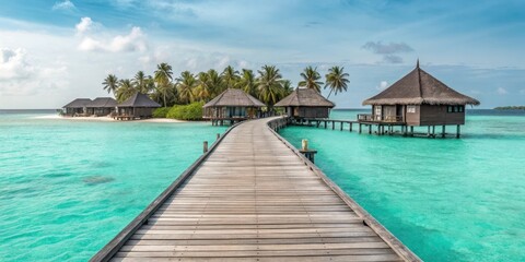 Fototapeta premium Wooden walkway leading to idyllic overwater bungalows on a tropical island with turquoise water and palm trees.