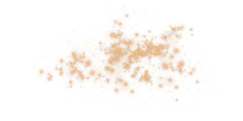 Golden sparks of dust and golden stars shine with special light. Christmas light effect. Golden sparkling particles of magic dust. PNG.