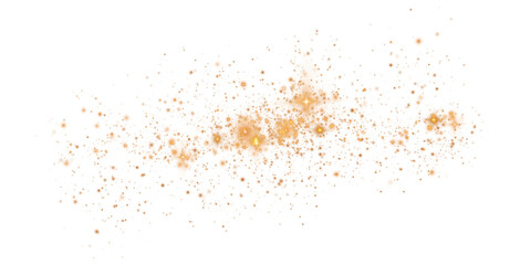 Golden sparks of dust and golden stars shine with special light. Christmas light effect. Golden sparkling particles of magic dust. PNG.