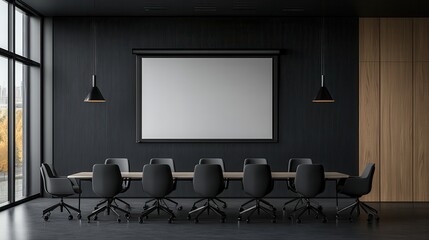 Meeting conference room with blank empty mockup tv screen monitor for advertising standing in modern contemporary office on black wall background. No people. Business technologies concept.