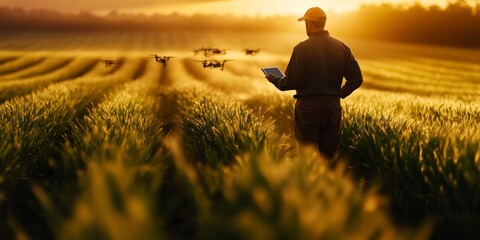 Fototapeta premium Farmer controlling agricultural drone spraying pesticides across wheat field, using digital tablet during golden sunset light, showcasing precision agricultural technology