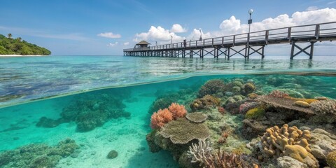 Obraz premium Serene coastal scene featuring a tranquil ocean, a wooden pier extending over the water, and a vibrant underwater coral reef teeming with diverse marine life.