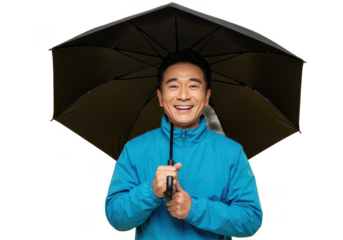 Smiling man in a blue jacket holding a black umbrella, standing against a bright yellow background
