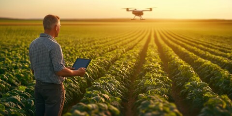 Fototapeta premium Farmer operating digital tablet, guiding drone flying over golden wheat field during sunset, representing technological innovation in precision farming