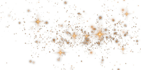 Golden sparks of dust and golden stars shine with special light. Christmas light effect. Golden sparkling particles of magic dust. PNG.