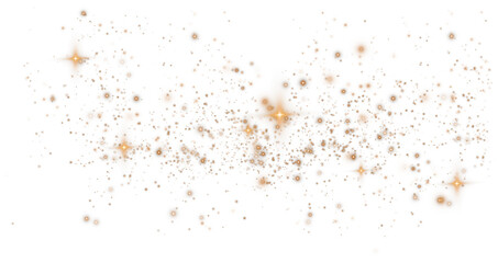 Golden sparks of dust and golden stars shine with special light. Christmas light effect. Golden sparkling particles of magic dust. PNG.