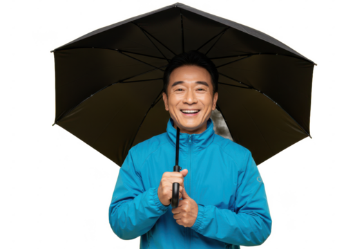 Smiling man in a blue jacket holding a black umbrella, standing against a bright yellow background