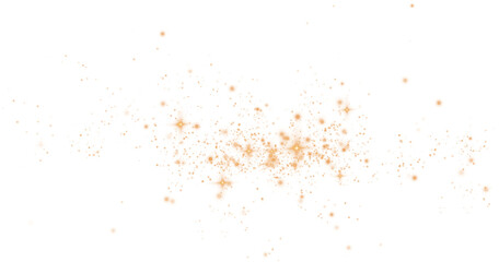 Golden sparks of dust and golden stars shine with special light. Christmas light effect. Golden sparkling particles of magic dust. PNG.