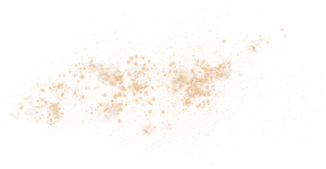 Golden sparks of dust and golden stars shine with special light. Christmas light effect. Golden sparkling particles of magic dust. PNG.