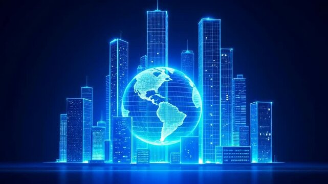 Digital earth hologram with glowing blue skyscrapers. Modern futuristic metropolis visualization with rotating globe. Business district concept for global technology