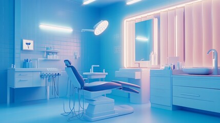 Fototapeta premium Modern dental clinic's equipment in a blue and white room. The equipment includes a dental chair and tools used by dentists. 