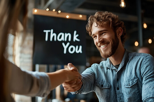 Handshake in office environment with thank you sign, Employee Appreciation Day
