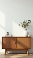 Modern wood console cabinet against blank wall Ideal for staging , empty, aesthetic, texture