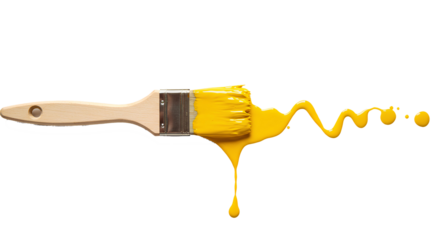 Paintbrush and yellow paint splatter PNG. Paintbrush coated with yellow paint splatters around it, perfect for art projects, creative designs, or wall painting advertisements. Yellow paint on brush